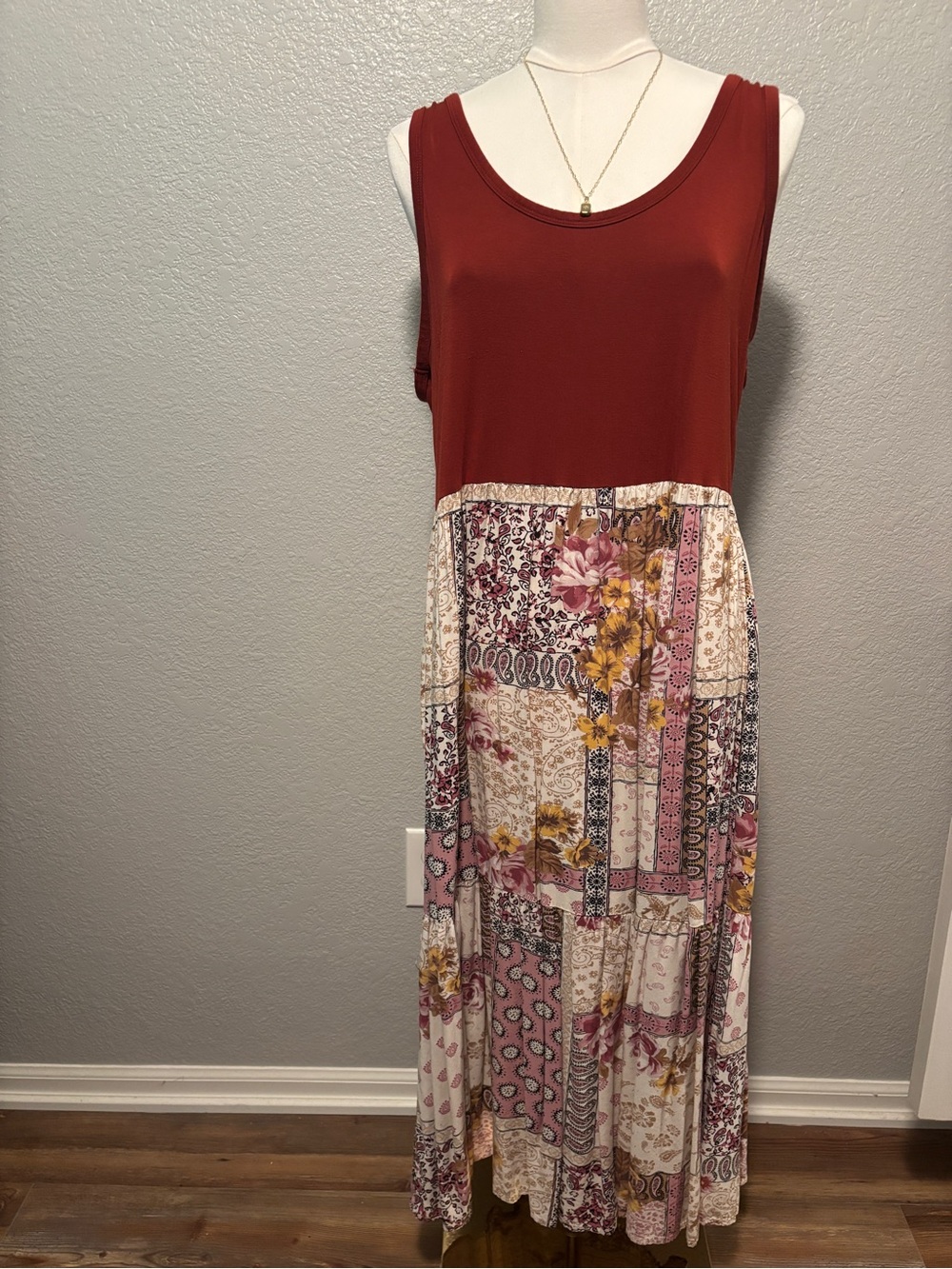 Maurices Brick Red Tank Maxi with Floral Tiered Patchwork Skirt